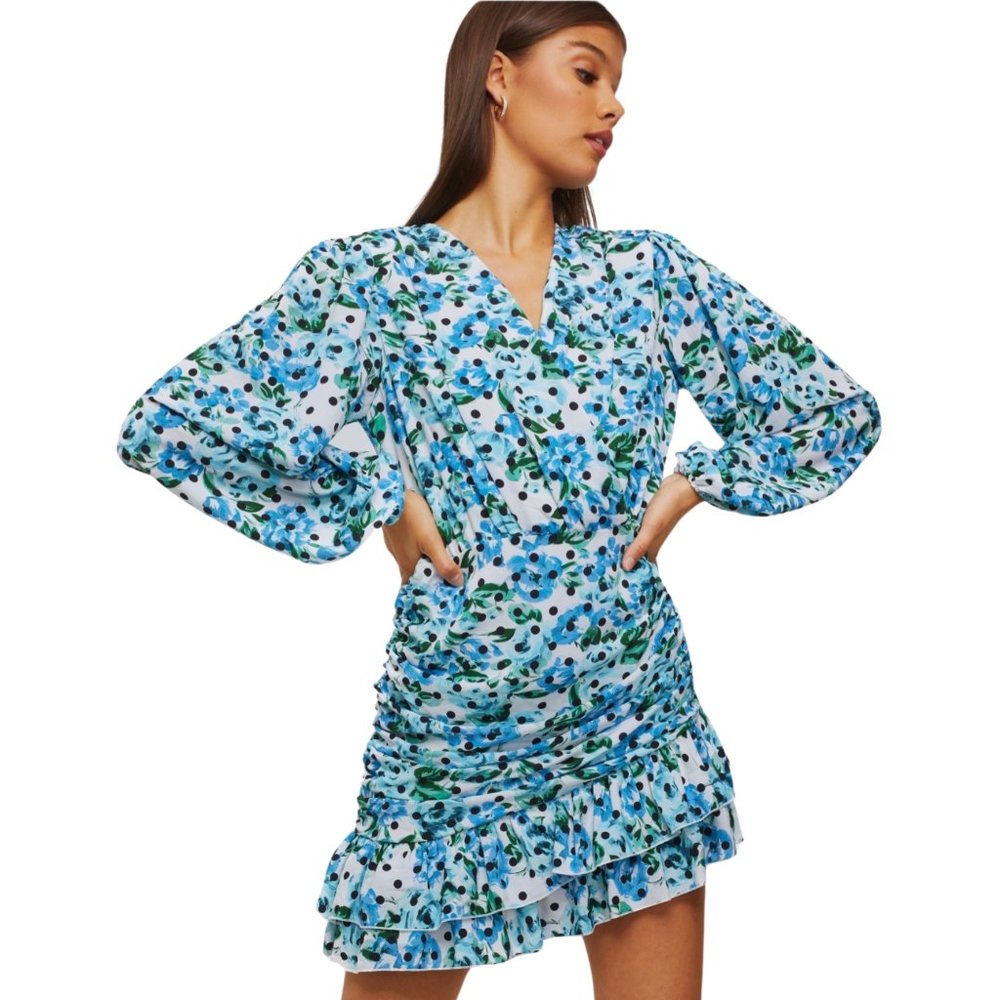 River Island floral print drapey skater Polka dot dress blue, UK size 8 (US 4) - Picture 3 of 8
